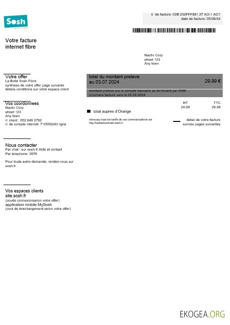 Modèle Word et PDF de facture de services publics pour les entreprises France Sosh1